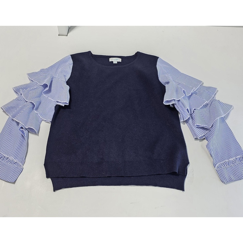Jovonna London Sweater Womens S/M‎ Blue Tiered Ruffle Stripe Sleeve Wool Knit